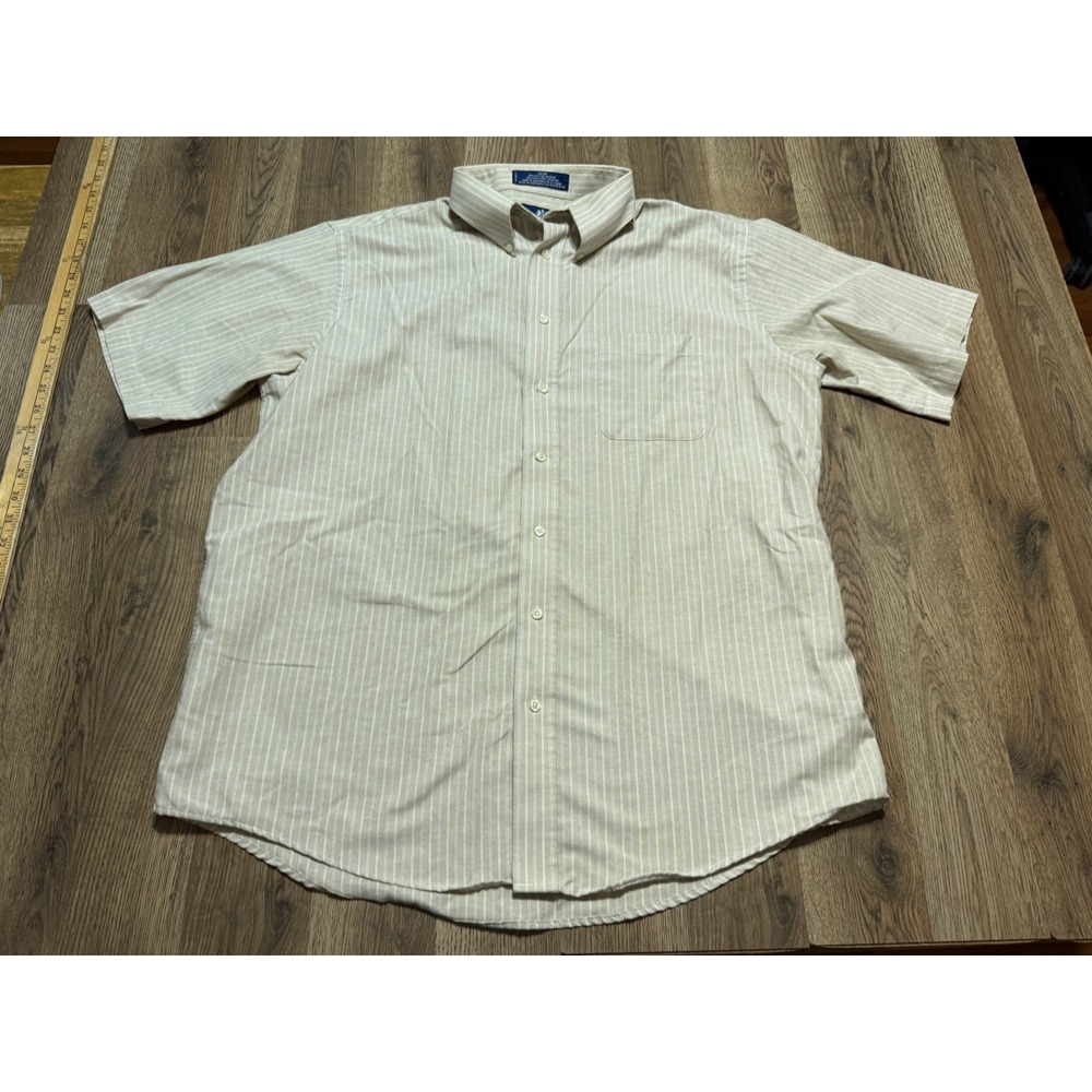 Stafford Oxford Mens Size 17 Beige Shirt Short Sleeve Striped Wrinkle Free